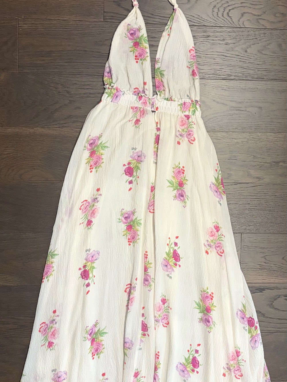 LoveShackFancy White Floral Maxi Dress with Pink and Purple Roses
